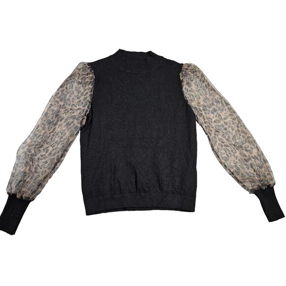 Sioni Milano Women's Sheer Sleeve Leopard Animal Chic Mockneck Sweater Sz‎ L - Picture 1 of 7